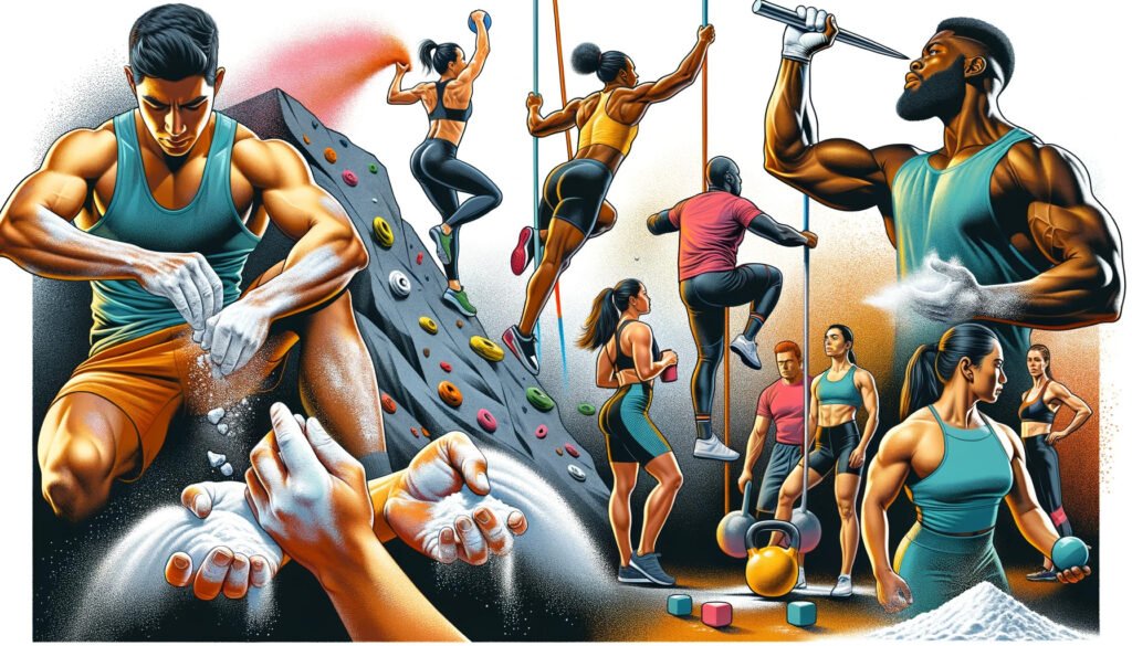 DALL·E 2023 11 01 16.45.31 Illustration of various athletes using gym chalk for their respective sports portrayed in a dynamic and colorful composition. The scene includes a Hi