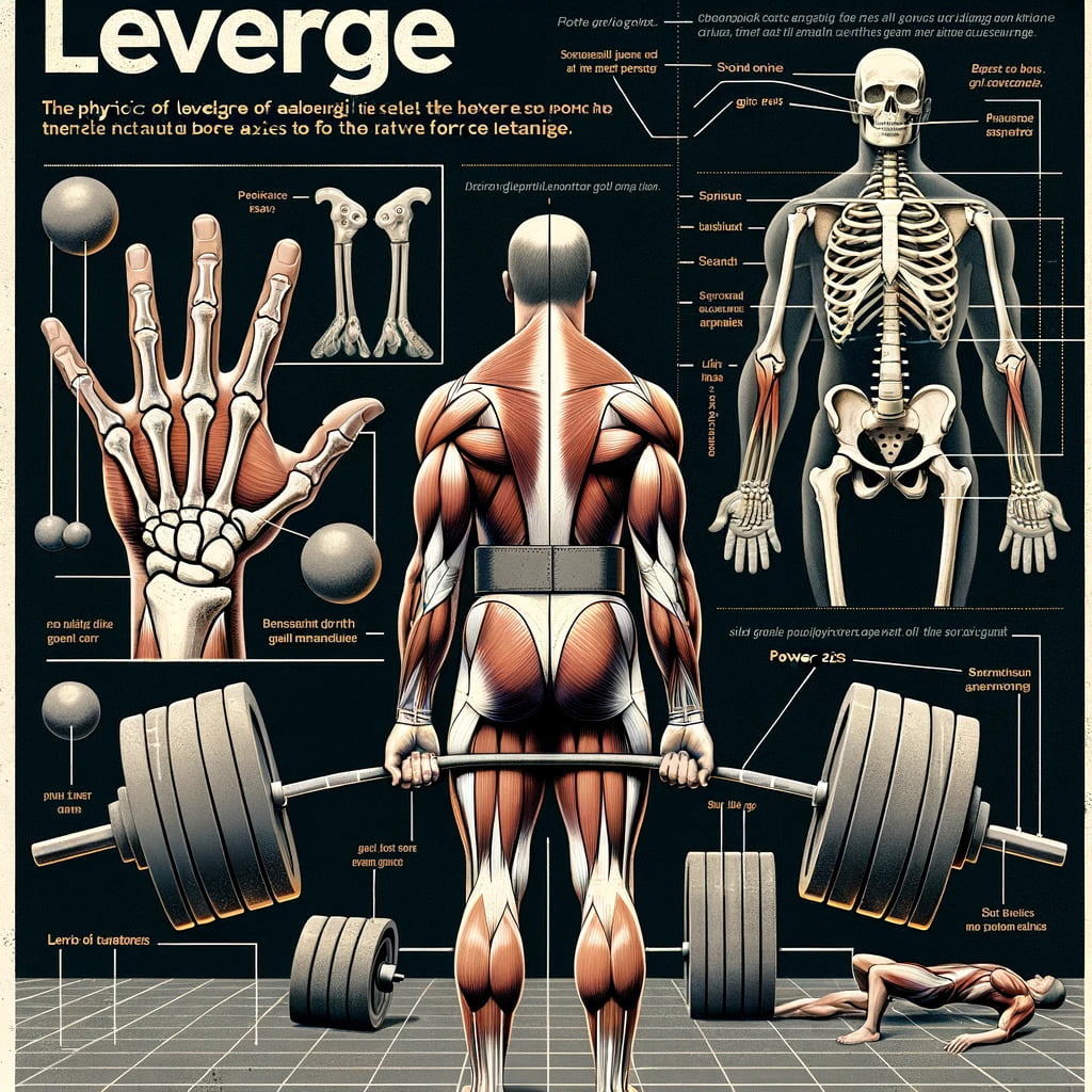 DALL·E 2023 11 02 18.38.32 Illustration of an instructional poster detailing the key components of leverage in deadlifting. The poster includes a diagram of a hand with annotati