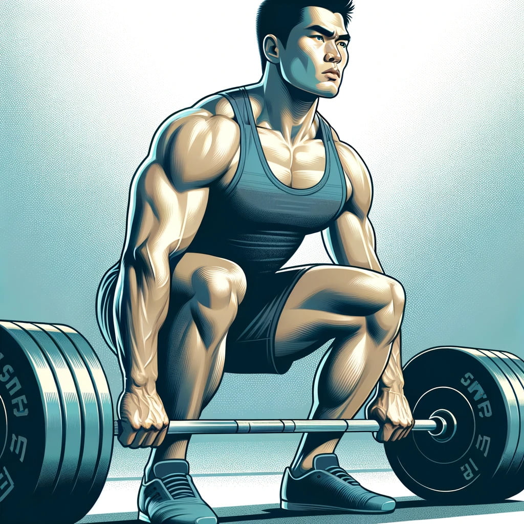 DALL·E 2023 11 02 19.51.39 Illustration of a muscular athlete an East Asian man with short black hair engaged in a sumo deadlift workout. He has a focused expression showcasi