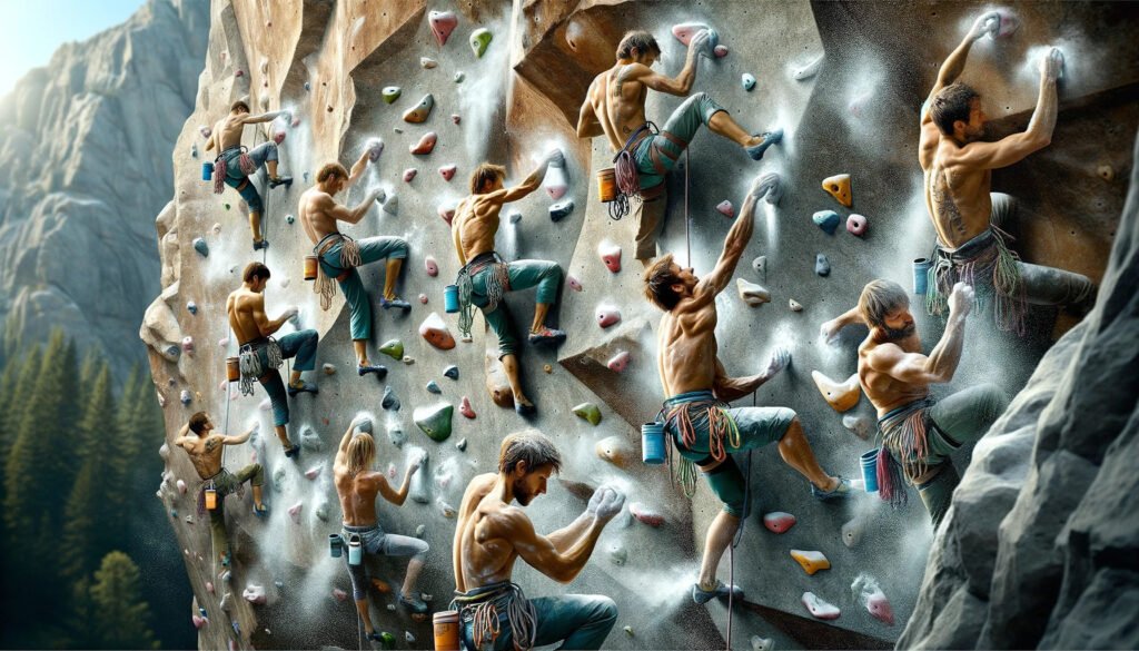rock climbers using chalk, climbers using chalk