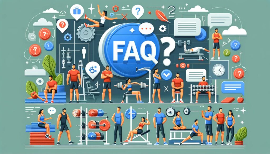 Illustration depicting a diverse group of athletes in a gym setting, engaging in various activities such as weightlifting, stretching, and consulting with a fitness coach. The image includes elements like question marks and chat bubbles, representing a scene of learning and guidance in fitness.