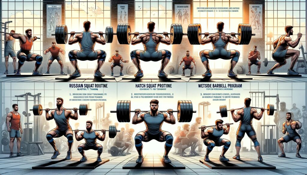 Athletes demonstrating different squat routines in a gym setting, including the Russian Squat Routine, Hatch Squat Program, and the Westside Barbell Method.