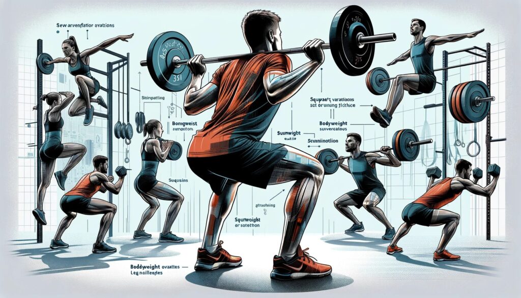Runners performing different squat variations in a gym, including bodyweight squats and weighted squats with dumbbells or a barbell, highlighting their impact on running technique.