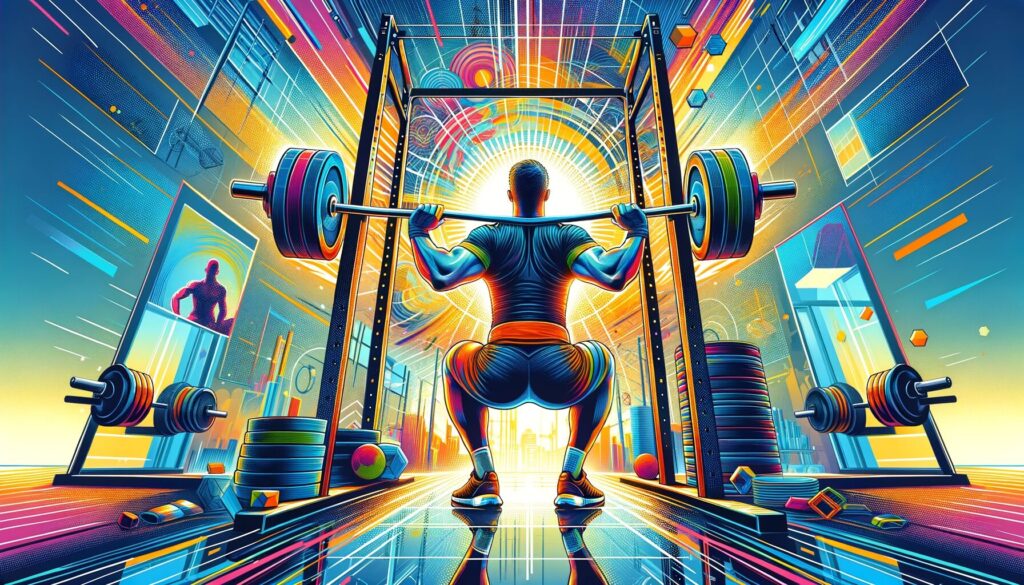 An image depicting a person experimenting with different variations of the overhead squat, highlighting exercises for shoulder mobility and overall strength, using vivid colors and dynamic elements.