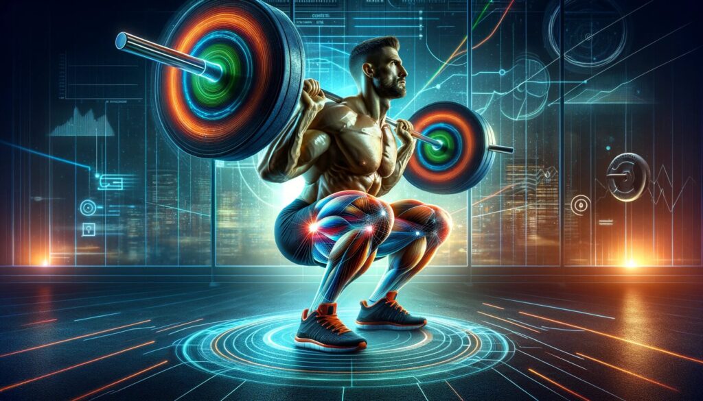 A visually striking image depicting an athlete performing squats with an emphasis on the correct depth for optimal muscle growth.