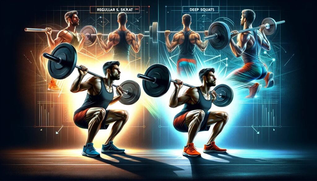 An image showcasing the transition from a regular squat to a deep squat, emphasizing increased muscle activation and range of motion.