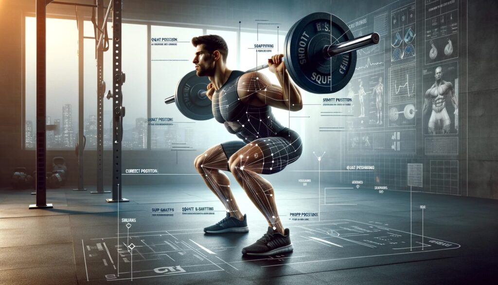 DALL·E 2023 12 18 19.54.12 Create a visually informative image for Squat Position Aligning for Optimal Performance. The image should illustrate an athlete in the correct squa